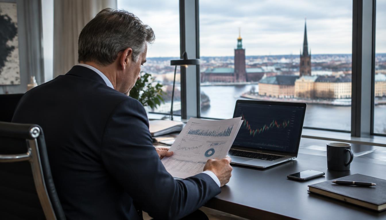 Svensk investerare studerar rapport med Stockholmsvy